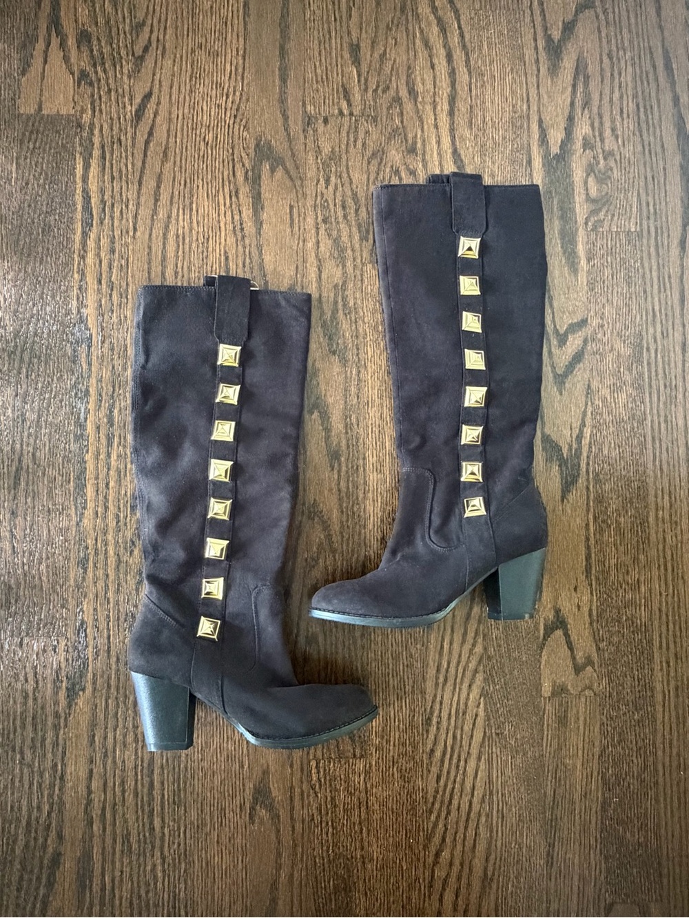 NEW Kathy Van Zeeland Black Knee-High Boots with Gold Stud Trim